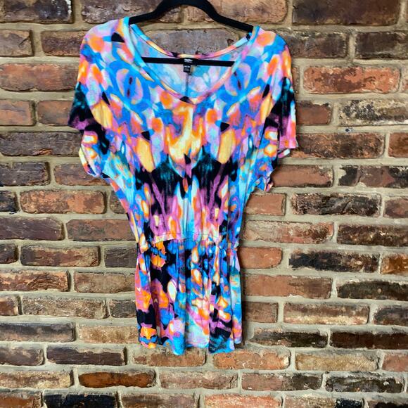 Mossimo Multicolored Print Short Sleeve Elastic Waist Tunic Top Women's Size XS - Picture 1 of 5
